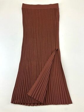Russet brown rib knit stretch midi maxi skirt with side slit Small